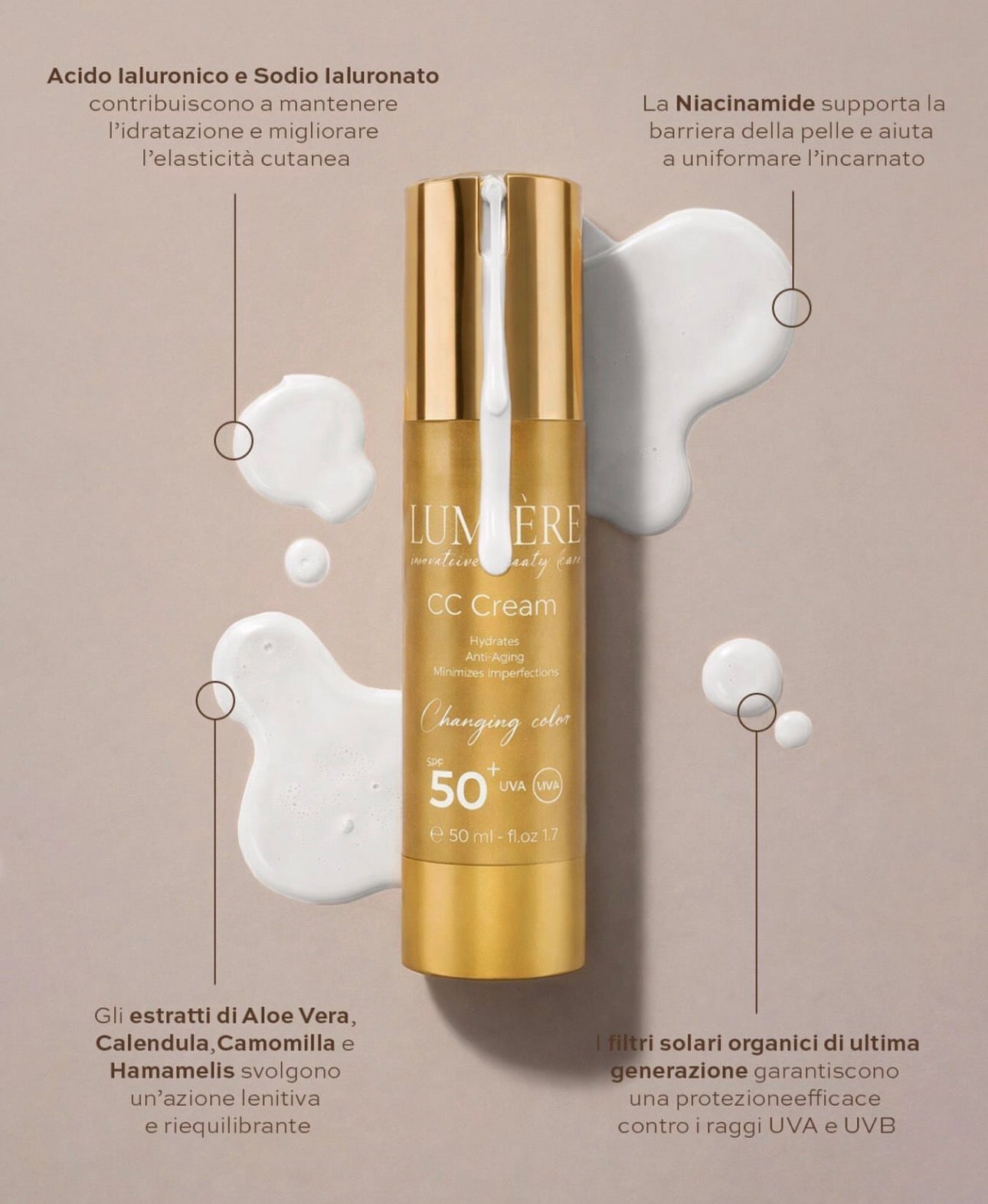 LUMIÈRE INNOVATIVE BEAUTY CARE Crema Solare Viso SPF 50+ | Dual Action Sun & CC Cream | Idrratante, Anti-Età e Perfezionatore Incarnato | 50ml